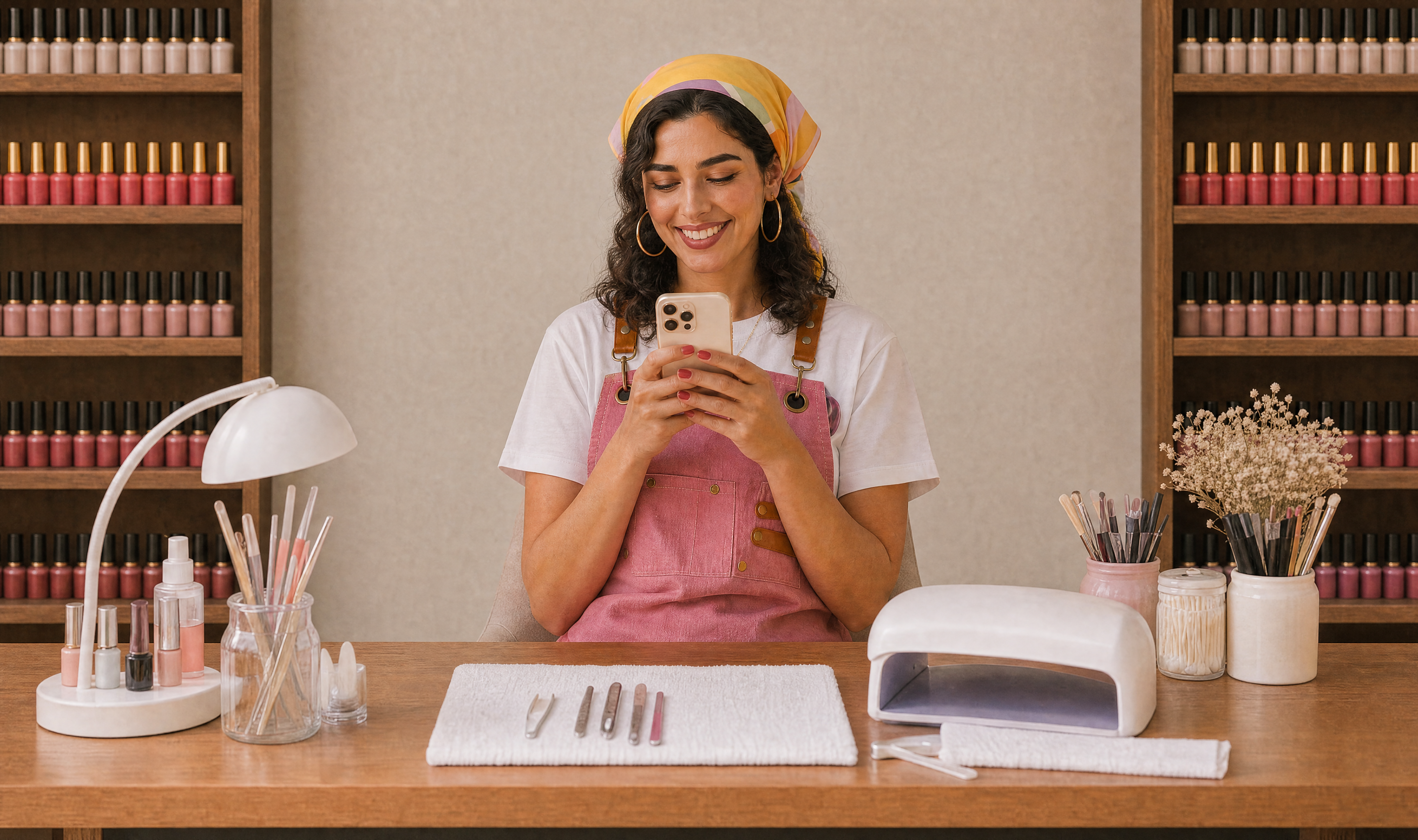 עצמאית מעולם הביוטי מחזיקה טלפון ומחייכת בסטודיו שלה